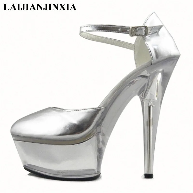 New silver shallow-mouth high heels, 15 cm thick - thick personality retro, dancing shoes