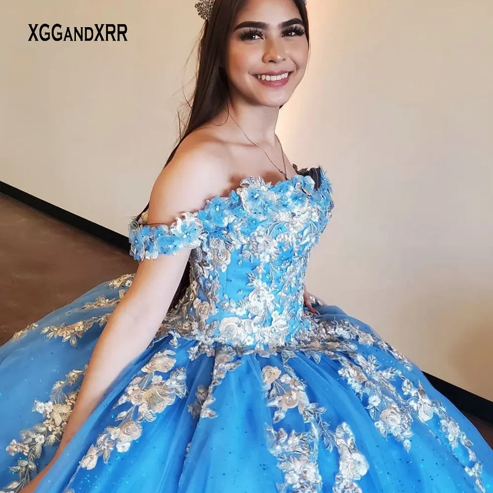 

Elegant Princess Blue Quinceanera Dress Sweetheart Off Shoulder Sparkling Tulle Lace Applique Corset Puffy Ball Gown Sweet 15 16