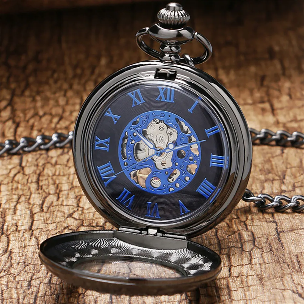 Transparent Glass Roman Numerals Mechanical Hand Winding Pocket Watch Vintage Pendant Timepiece Manual Mechanism Pocket Clock