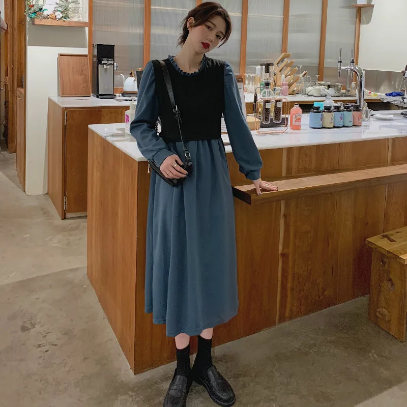 

Houthion Women's Dress New Casual Fashion Loose Mid-Calf Long Sleeve O-neck Splicing Dresses Spring/Autumn