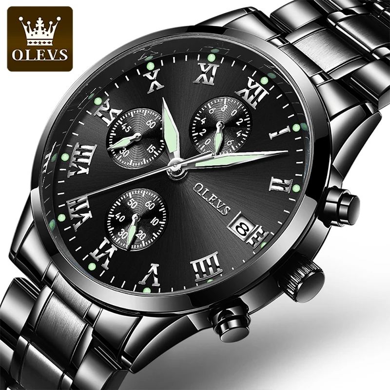 

OLEVS Fashion Sports Solid Stainless Steel Men Multifunctional Quartz Watches Bracelet 30M Life Waterproof Three Eye Strap 5569