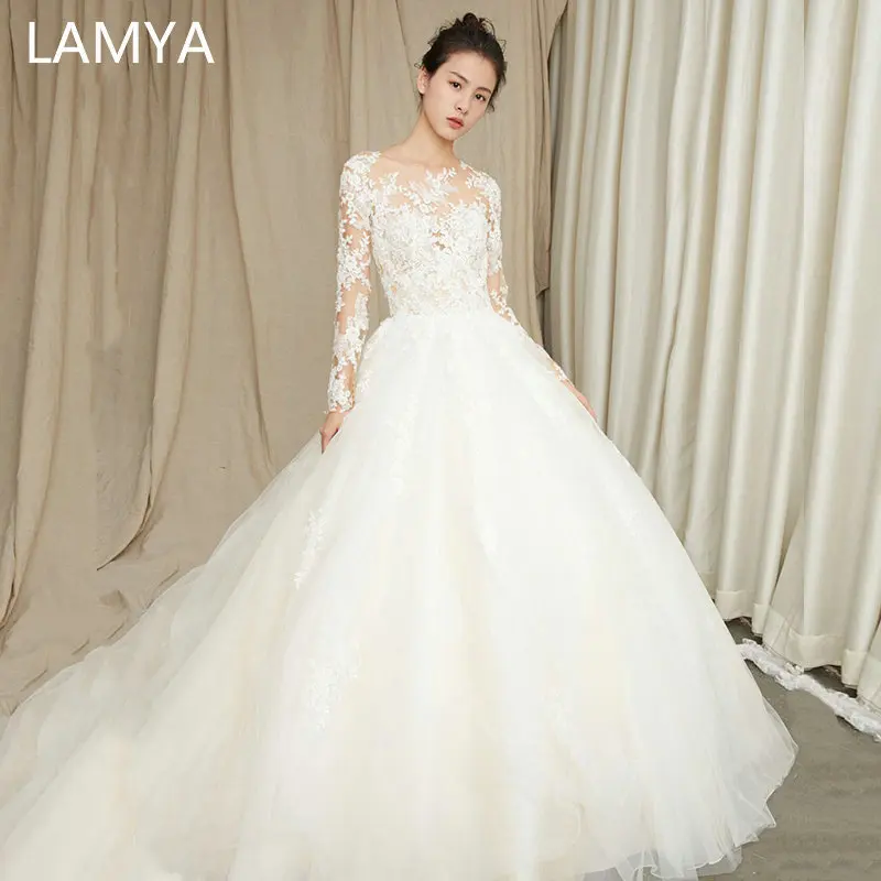 

Платье с длинным рукавом LAMYA, элегантные свадебные платья с глубоким вырезом на спине, большие размеры, с o-образным вырезом, 2019