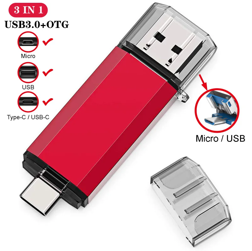 

USB Flash Drive 3 IN 1 USB3.0 & Type C Pen Drive 32GB 64GB 128GB 256GB 512GB High Speed USB Stick Pendrives