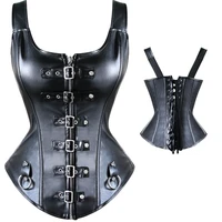 s xxl new vintage good quality sexy women black buckle faux leather corset and bustiers zipper steampunk overbust corset top