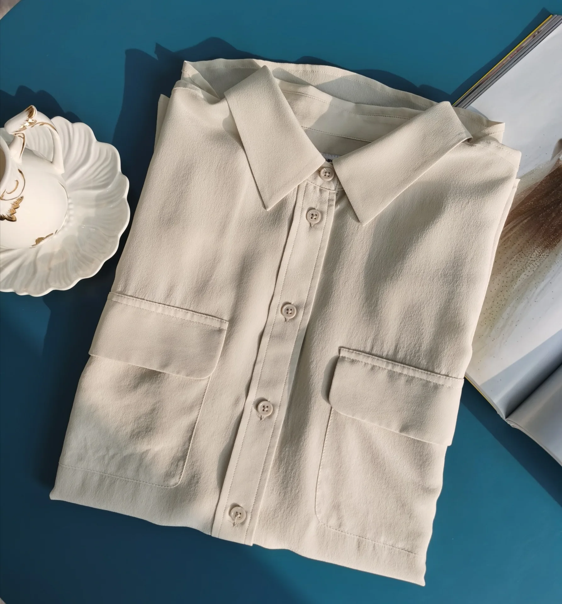 

Blue Women Shirt Classic Double Pocket Long Sleeve Shirt