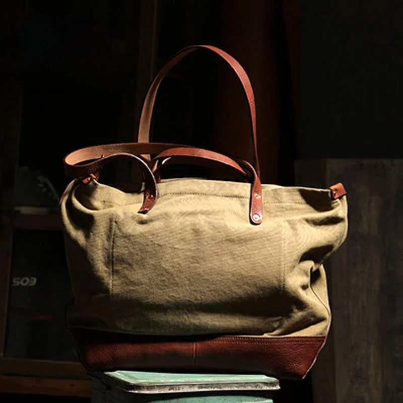 

American retro Ami khaki daily outdoor large-capacity travel handmade canvas and leather single shoulder tote bag