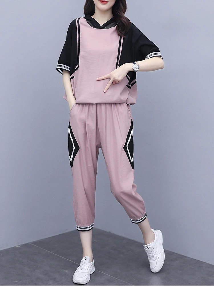 

2021 Summer Clothes Women Large Plus Size 5XL Sports Suit Top And Pant Two Piece Sportwear Home Big Pink Tracksuit Matching Set