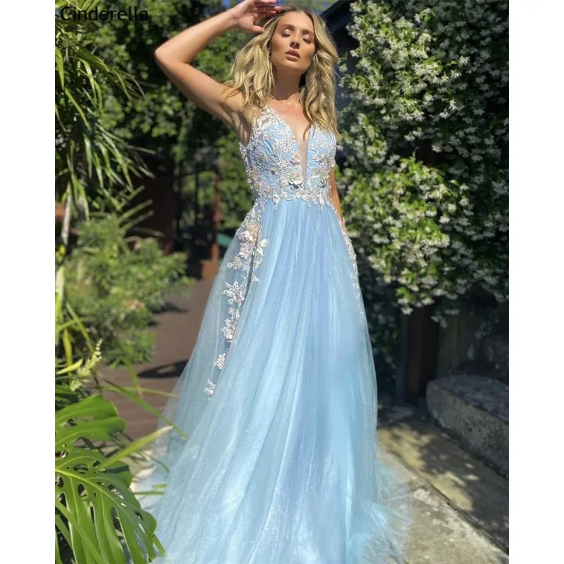 

Sexy Prom Dresses Sleeveless Floor Length Sweep Train A-Line Zipper Back V-Neck Tulle Prom Dresses vestidos de fiesta de noche