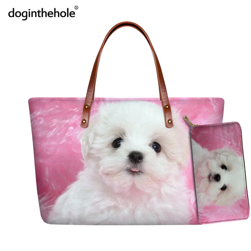 

Doginthehole Cute Dog Women Leather Purse And Shoulder Bags Set Kawaii Pink Casual Shopping Handbags Travel Totes Sac A Main