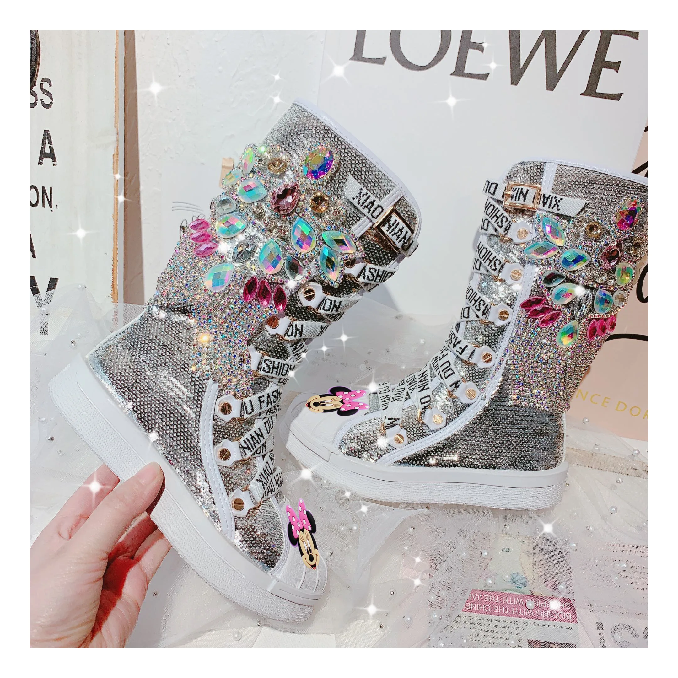 Детские длинные Сапоги Disney с изображением принцессы Минни стразы для танцев и