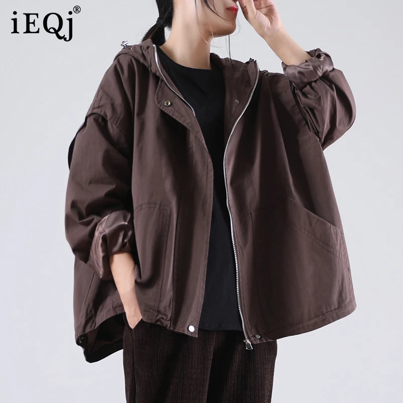 

IEQJ Winter 2021 New Loose Drawstring Hooded Solid Color Coat Women Long Sleeve Zipper Pocker Top Female Fashion 3W234
