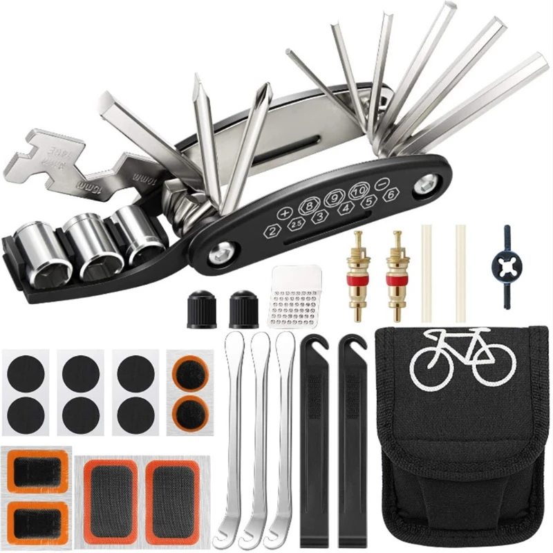 

1 Set Bike Repair Tool Kits Multifunction 16 in 1 Screwdriver Bicycle Mechanic Fix Tools Set Bag with Tire Patch Levers M4YD