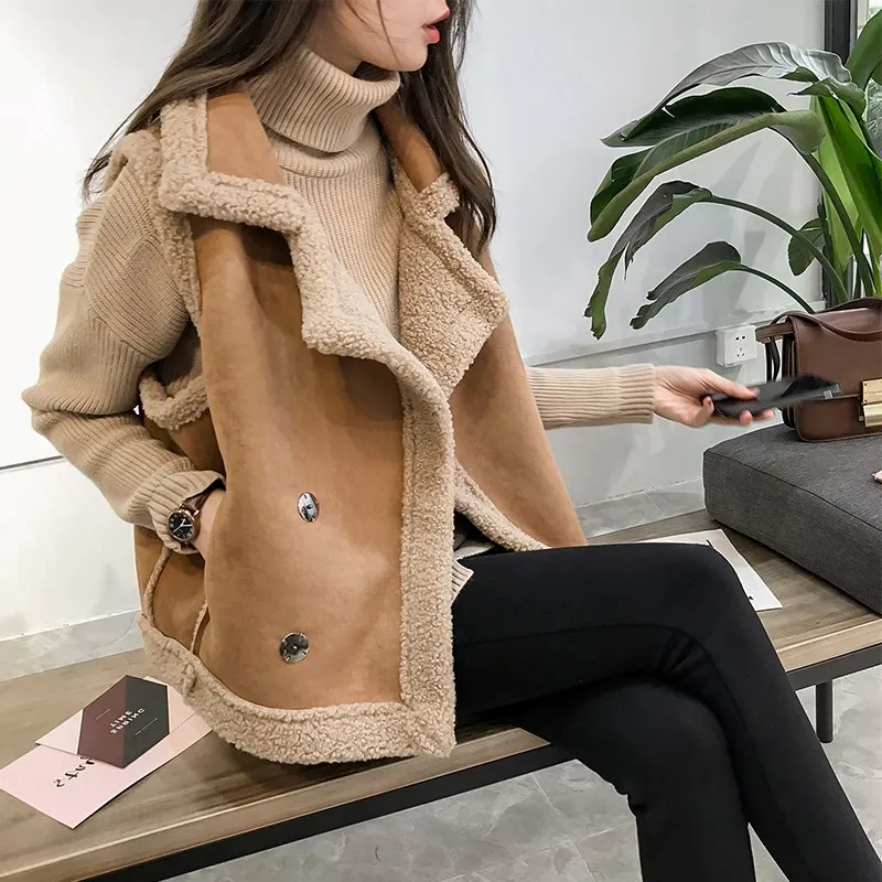 

Lugentolo Fur Vest Women Moto Jacket Winter Korean Fashion Solid Flocking Turn-down Collar