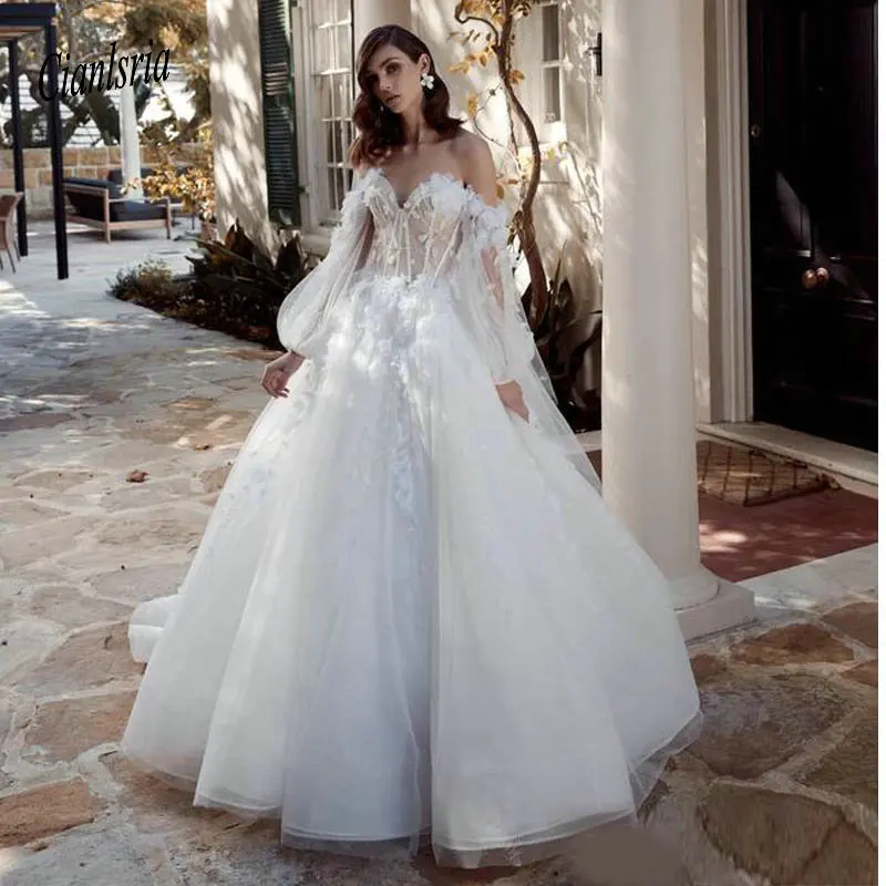 

Кружевные богемные Свадебные платья с открытыми плечами, свадебные платья трапециевидной формы с 3D цветочным аппликацией и длинным рукаво...