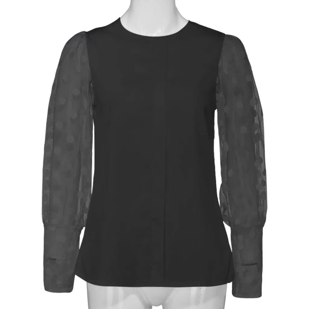Fashion Dot Lantern Sleeve T-Shirt Perspective Casual Autumn Ladies O-Neck Tops Female Women Long Shirt Blusas Pullover | Женская одежда