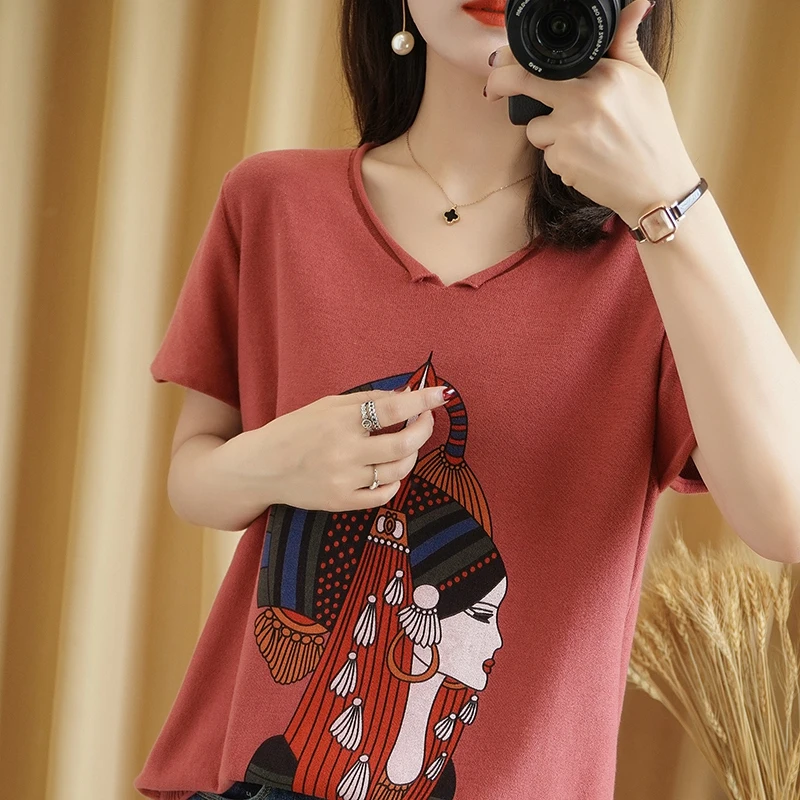 

Half-sleeved middle pattern hedging Slim knit short cotton women's v-neck style all-match bottoming pullover women