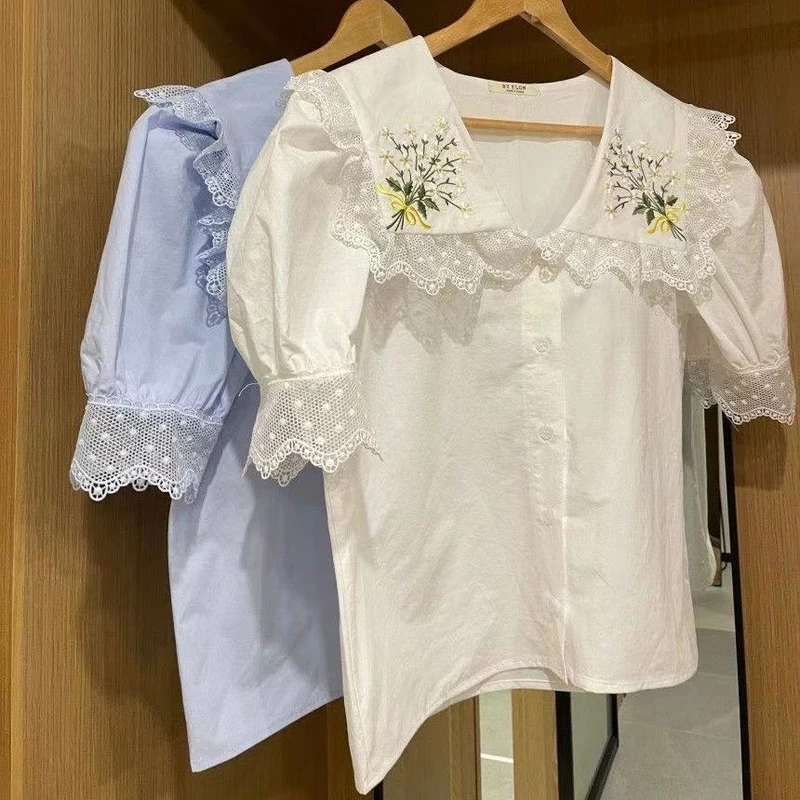 

Summer Puff Short Sleeve Vintage Blouses Korean Elegant Floral Embroidery Shirt Women Lace Stitching Turn-down Collar Tops 14597