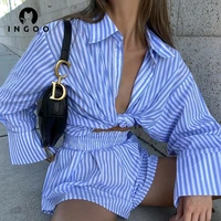 ingoo fashion tracksuit women 2021 casual sets striped long sleeve shirts blouse and loose high waisted shorts street 2 pcs set