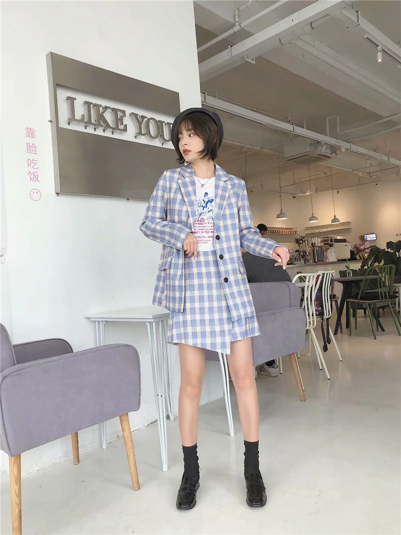 

TMODA613 Za Boyfriend Style Blue White Gingham Plaid Print Blazer +Scotland Skirt Shorts Pants Women Suits 2 Pieces Sets