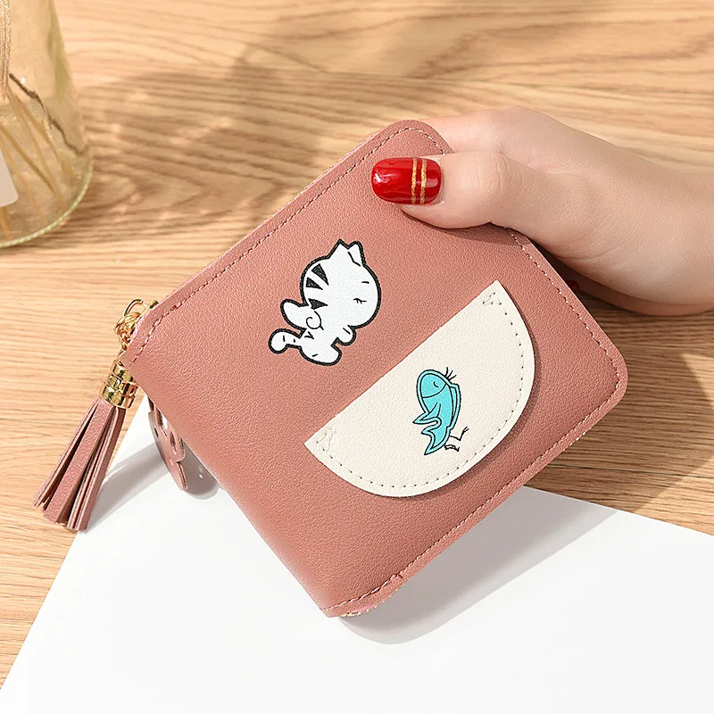 Милые маленькие кошельки с кисточками и котом рыбой для женщин 2019 мини кошелек на