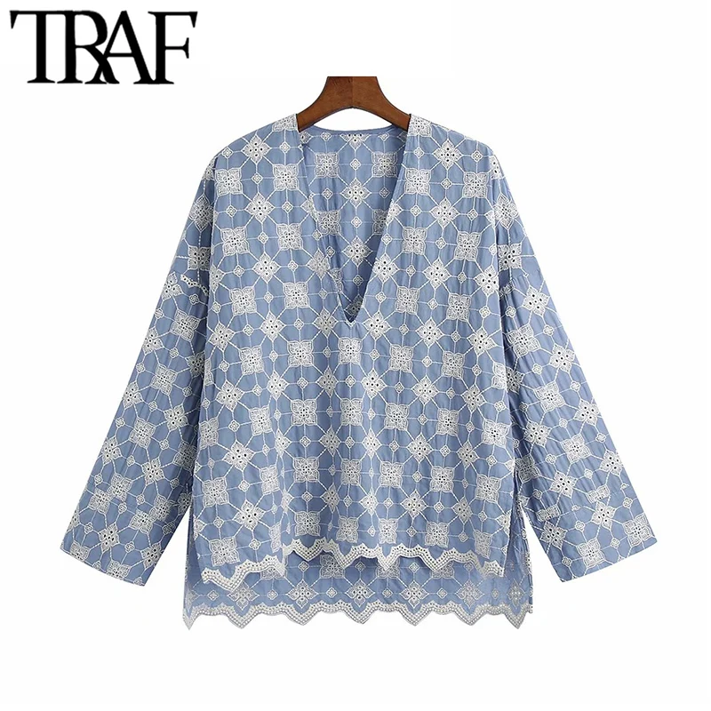 

TRAF Women Fashion Embroidery Asymmetry Loose Blouses Vintage Drop-Shoulder Sleeves Side Vents Female Shirts Chic Tops