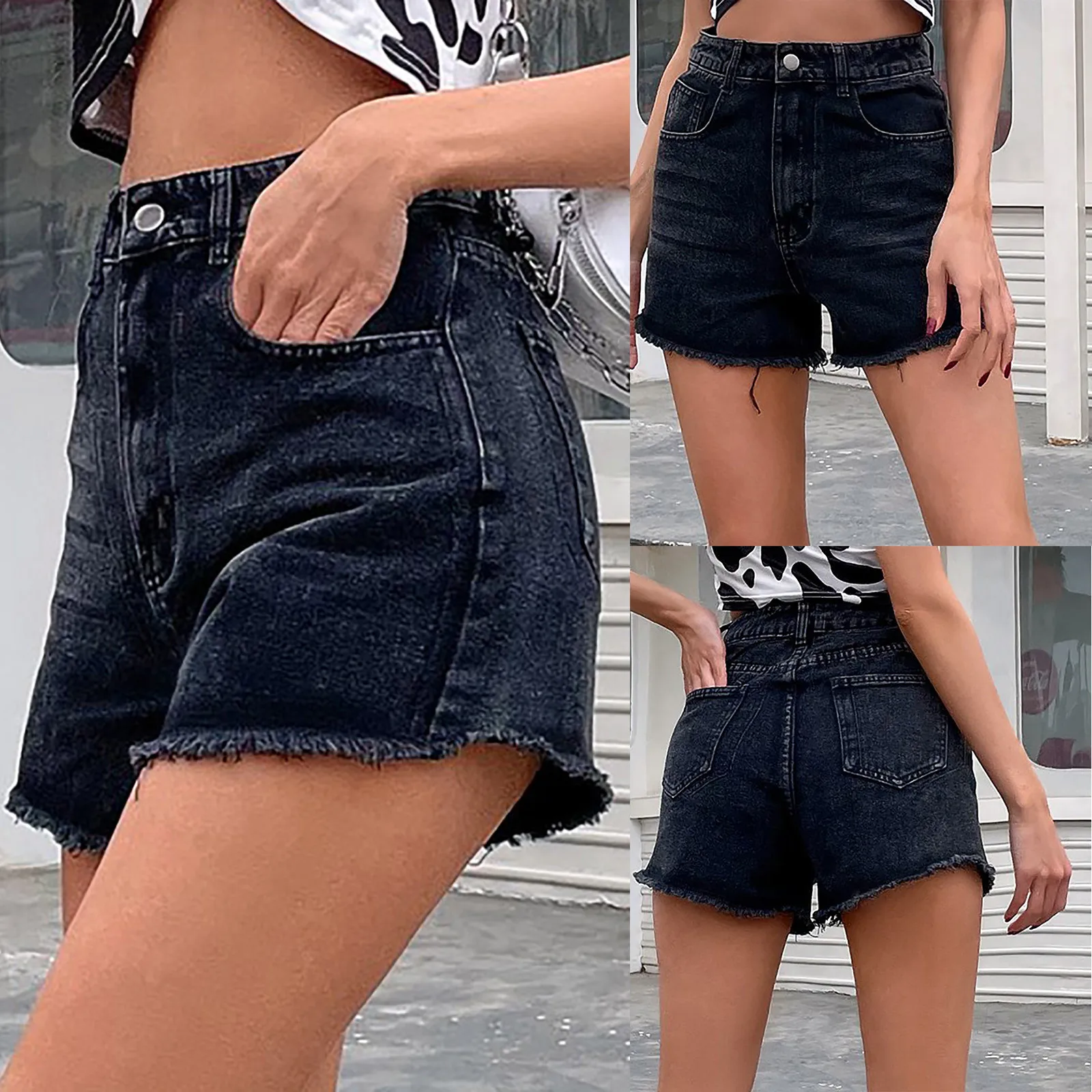 

Women Denim Shorts Hippie Button Adjust High Waist Short Harajuku Bermuda Wide Legs 2021 New Summer Cotton Jean Shorts