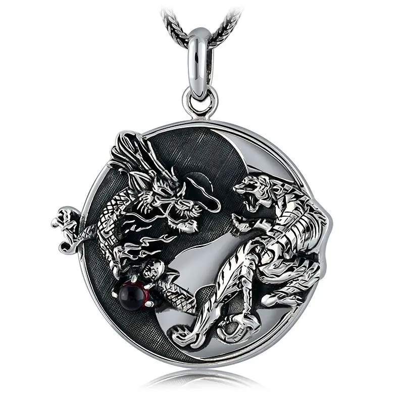 S925 Silver Handmade Dragon Tiger Pendant Necklace 925 Sterling Fengshui Taichi Yinyang Pendant Necklace Good Luck Amulet