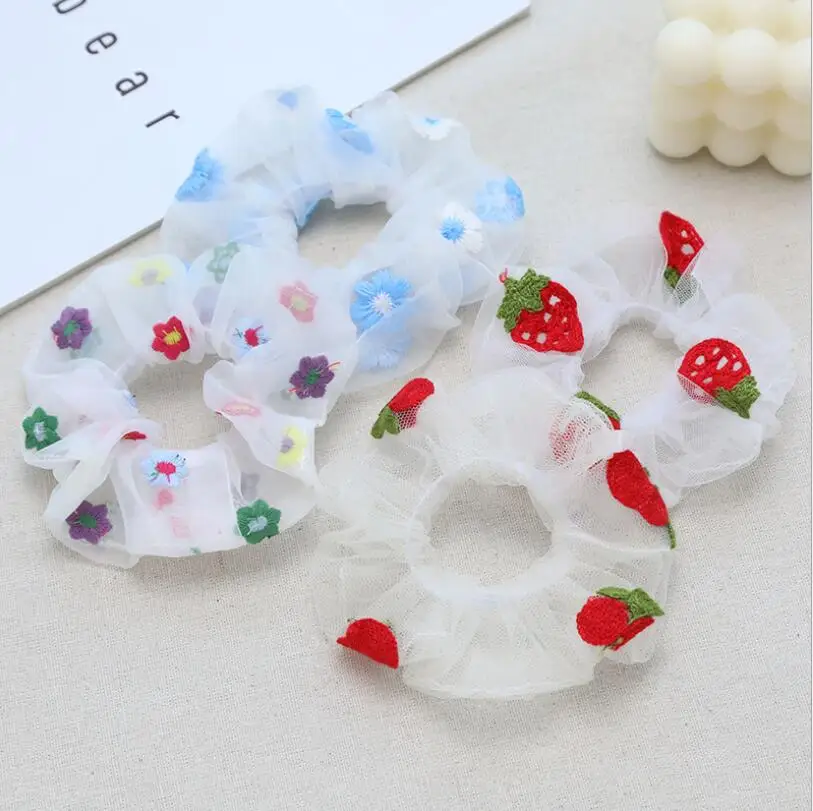 

Sweet Embroidery Strawberry Mesh Scrunchies Women Romantic Hair Rope Transparent Tulle Hair Ties Accessories 10 Pcs