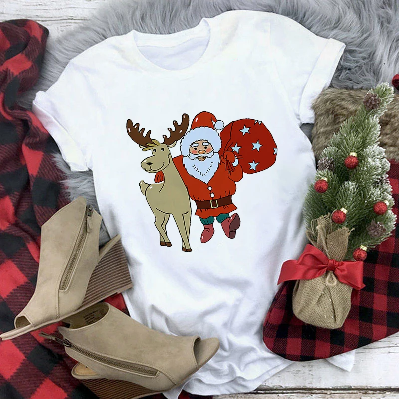 

Women Tshirts White Cute Xmas Print Graphic Christmas Designed Tops T Shirt Casual Female T-shirt Lady T Shirts O Neck Tees