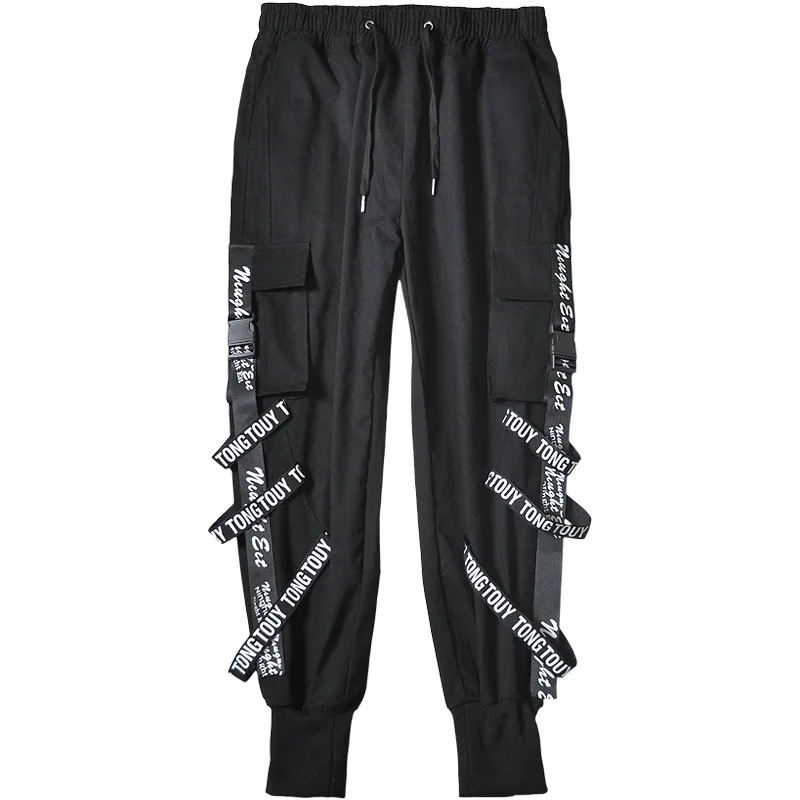

Men Ribbons Color Block Black Pocket Cargo Pants 2019 Harem Joggers Harajuku Sweatpant Hip Hop Trousers