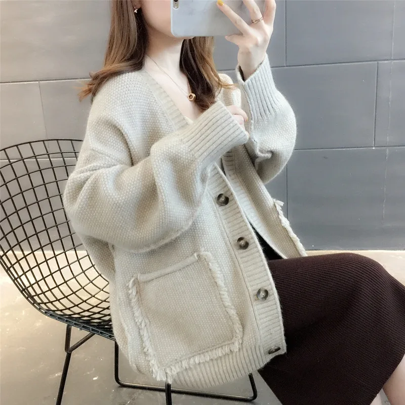 

PEONFLY Women Knitted Fashion Loose Sweater Autumn Winter V Neck Long Sleeve Single Breasted Harajuku Female Cardigan Blue Pink