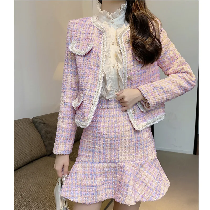 

Autumn Jacket Skirt Set Women Gentle Sweet Pink Small Fragrance Suit Short Coat Age Reducing Temperament Celebrity Two-piece Set