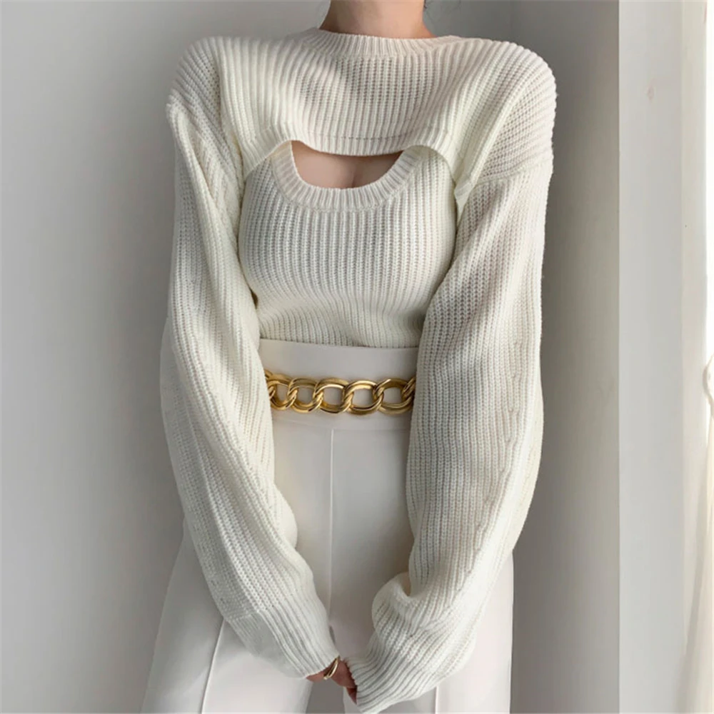 

Korean Autumn Knitted Vest Sweater Cover Up Crop Top Sets Fashion Casual Women Cardigan Tops Long Sleeve Pullover Female Clothes
