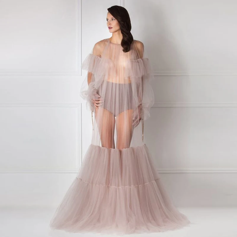 

Dusty Pink Sheer Tulle Dress Long Summer Dresses for Photography Photo shoot Women Robe Ruffled Tulle See Thru Baby Shower Gowns