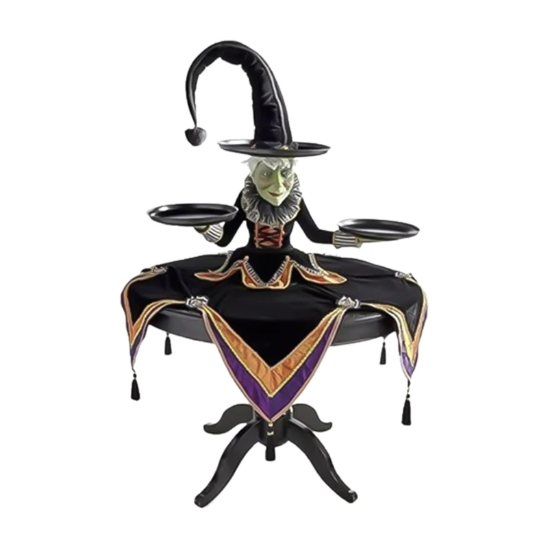 

Halloween Witch Tabletop Server with Harlequin Tablecloth Cupcake Display Stand