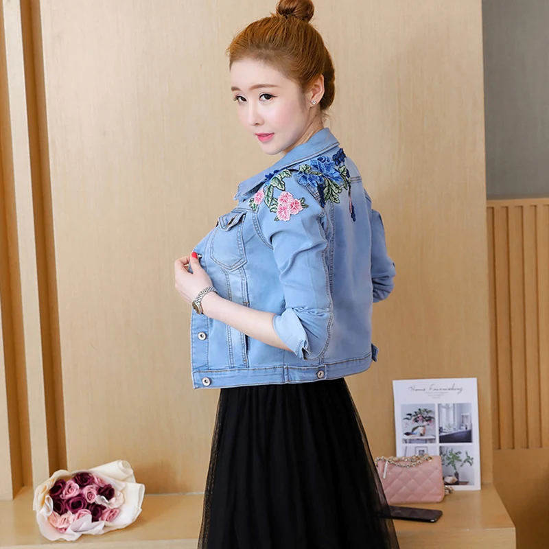 Женская джинсовая куртка с 3D вышитыми розами базовая винтажная осень 2020|Женские