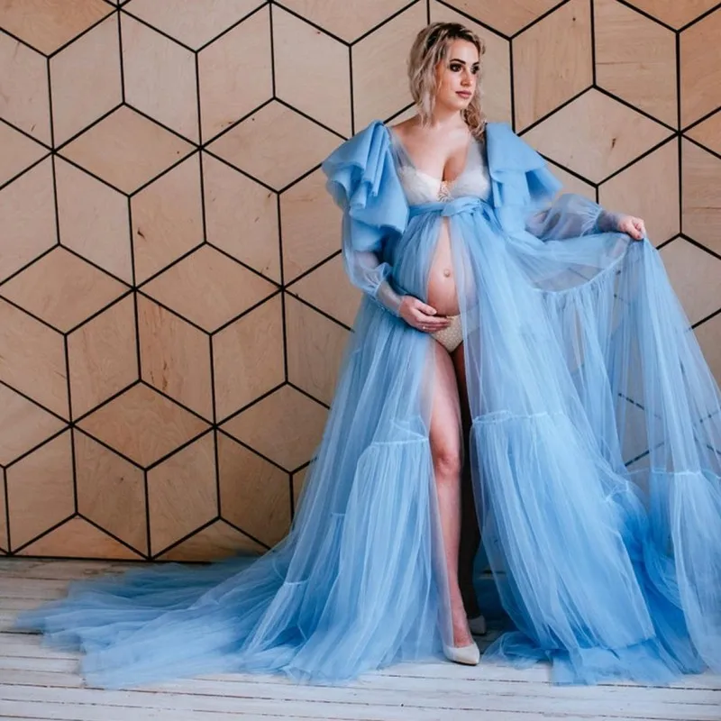

Небесно-голубого цвета с плиссированным тюлем в беременности и родам платья для фотосессии и длинными рукавами с оборками; Большие размеры ...