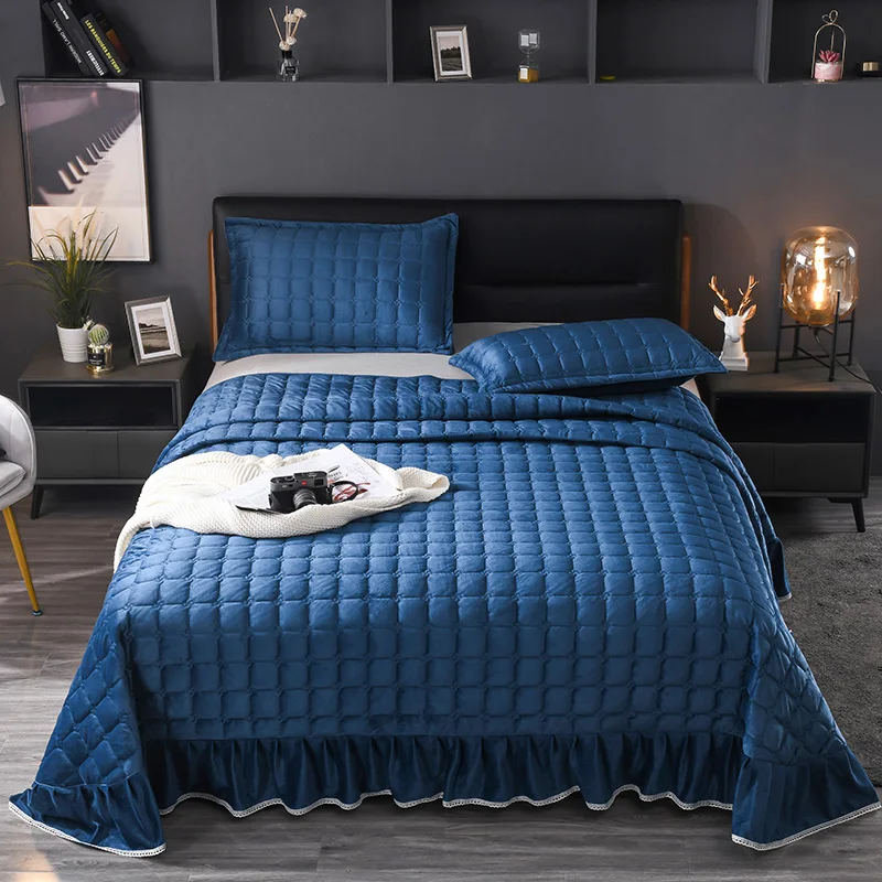 

Crystal velvet Quilted ruffles Bedspread Bed Cover Bed Sheet size 245x250cm/245x270cm quilt blanket Pillowcases 3pcs