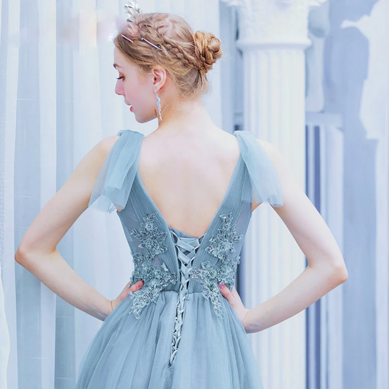 Женское вечернее платье принцессы AnXin SH синее кружевное с круглым вырезом