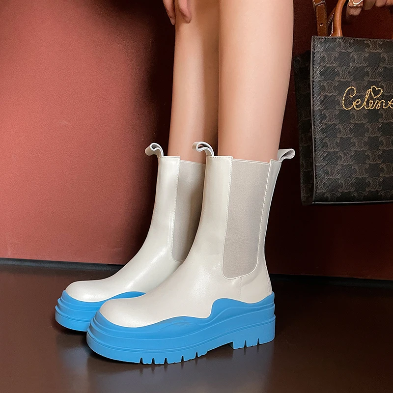 

QZYERAI Brand Designer Platform Chunky Chelsea Boots Women Genuine Leather Round Toe Ankel Boots Women Style Hot Footwear
