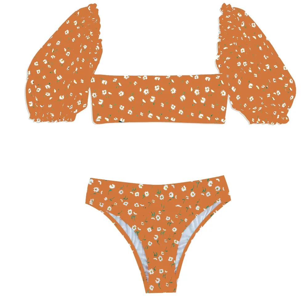 2021 new European and American split bikini short sleeve high waist printed 3-color floral split sexy women's swimsuit