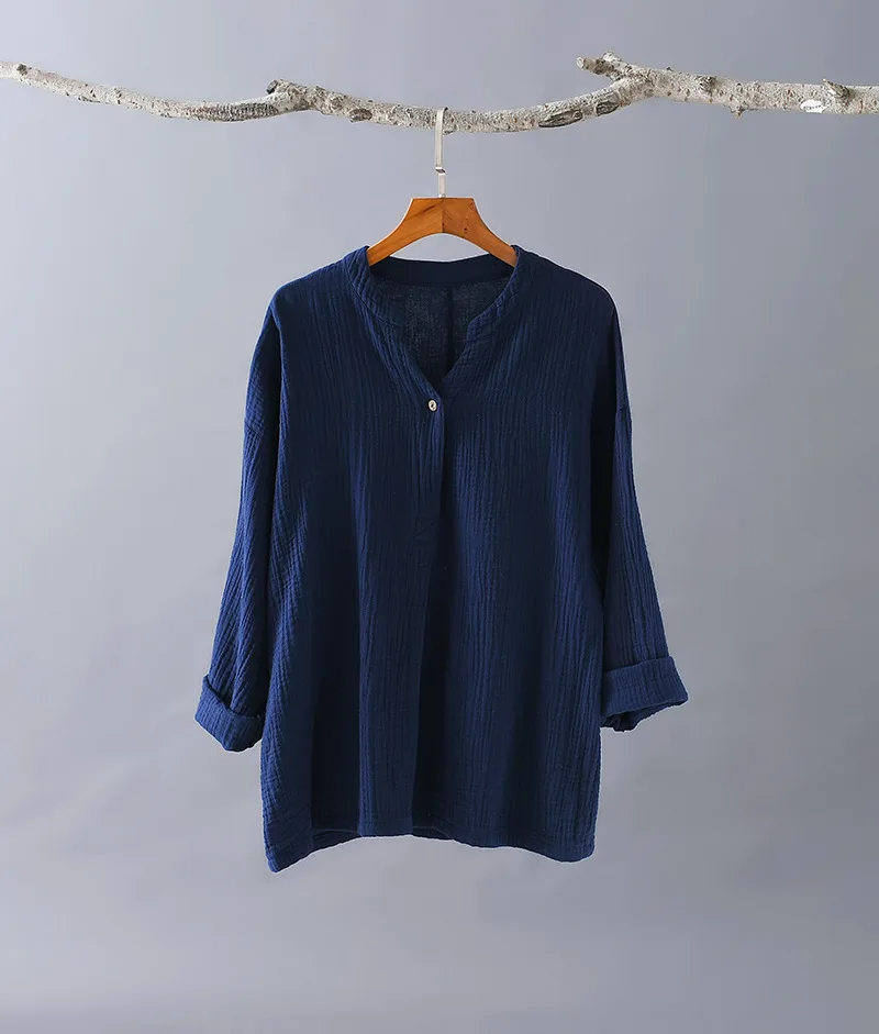 Johnature Autumn Loose Retro 3 Color V-neck Long Sleeve All-match Women Tops T-shirts2021 New Cotton Linen Comfortable T-shirt | Женская