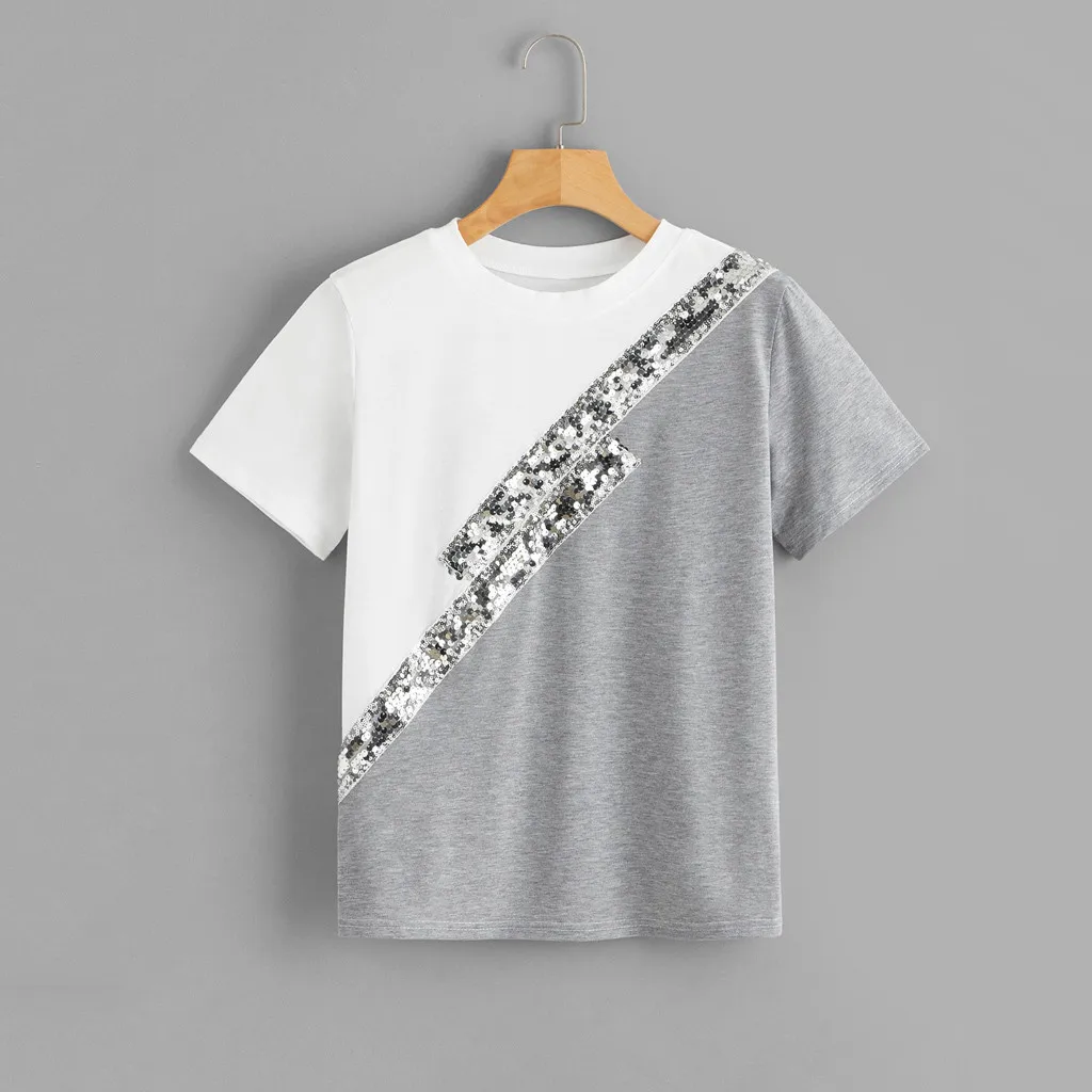 Женская футболка с блестками Лоскутная свободная круглым вырезом и коротким