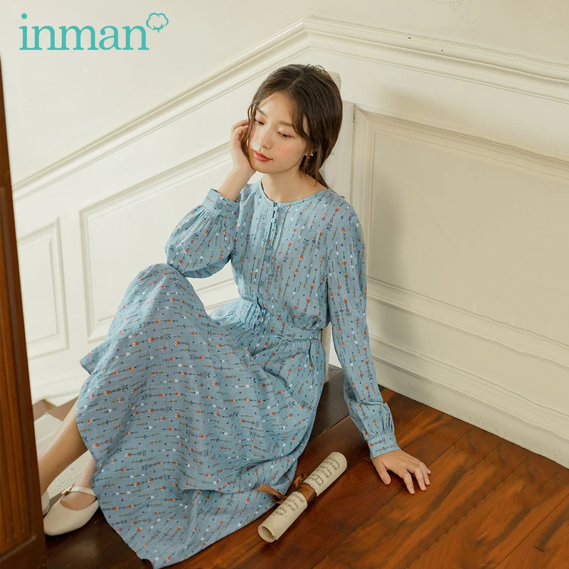 

Элегантное стильное платье с бантом, на шнуровке, с цветочным принтом, круглым вырезом, с длинными рукавами, весна-осень INMAN