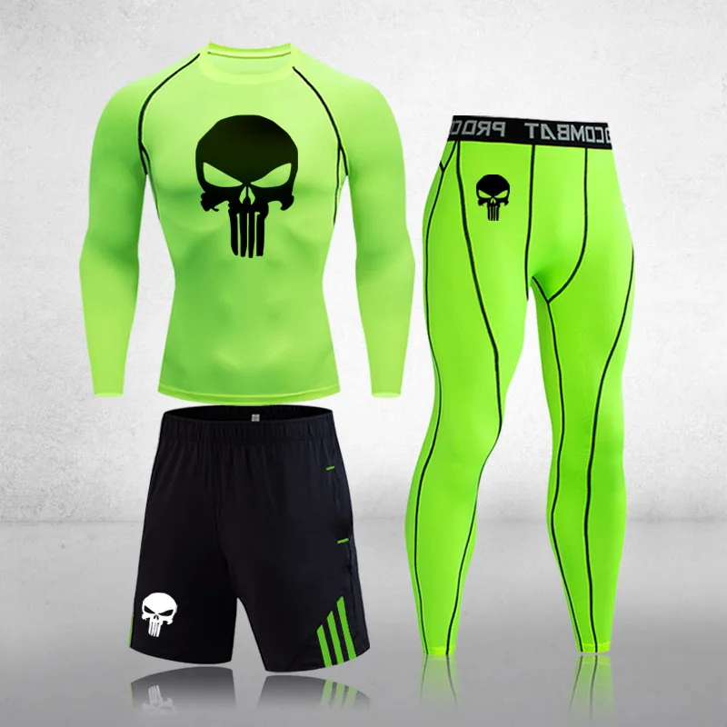 

Men Compression set MMA Long Sleeve T-shirt Men's Tight Pants Fitness Bodybuilding Clothes Skull Rashguard Sport Suit