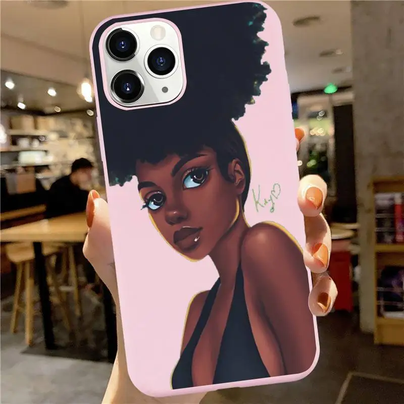 

cartoon African black girl Beautiful Phone Case Candy Color for iPhone 6 7 8 11 12 s mini pro X XS XR MAX Plus