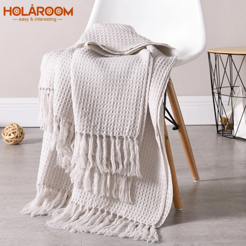 Holaroom одеяло для весны/осени вязаное тиснение кофе бахрома нордический стиль
