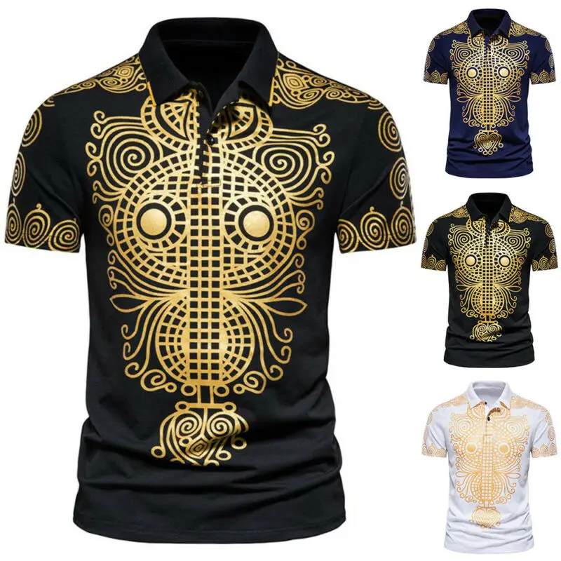 

Mens Short Sleeve Buttons Neck T Shirt Summer Printed Casual Slim Tops Tee