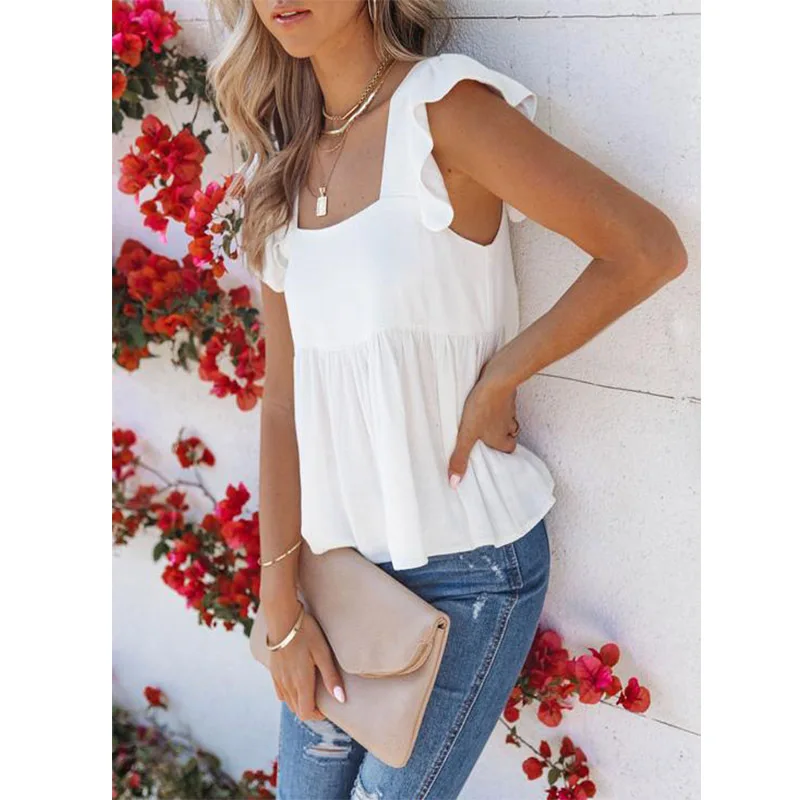 

Mandylandy Women Tshirt Casual Plus Size Tops Tees Solid Color Loose Sleeveless Top Shirts Summer Ladies Square Collar Camisetas