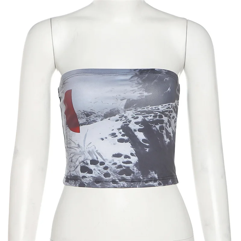 

Pastel Goth Patchwork Graphic Print Crop Tops E-girl Aesthetics Strapless Y2K Sleeveless Tank Tops Grunge Punk Vest Chic